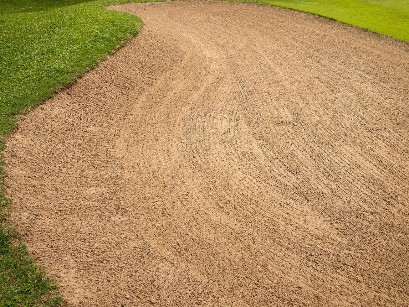 Golf Course Sand Pit Bunkers, green grass surrounding the beautiful sand holes is one of the most challenging obstacles for golfers and adds to the beauty of the golf course. photo