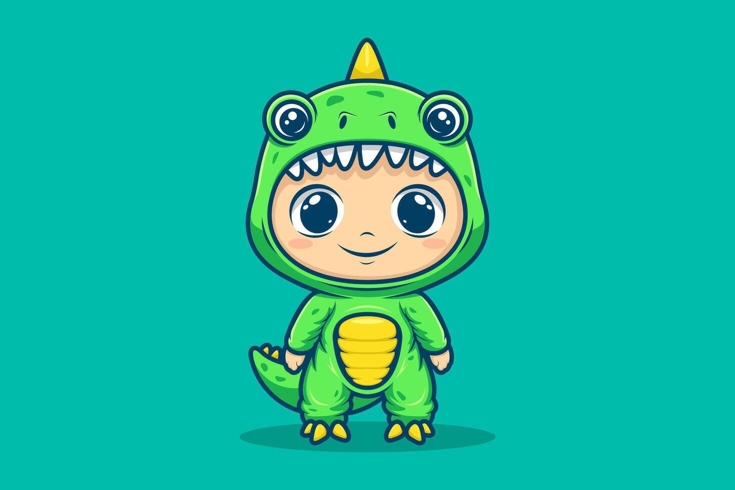 Illustration of a Boy Wearing a Dinosaur Costume. Flat Cartoon Style Suitable for Landing Page, Banner, Sticker, Background vector