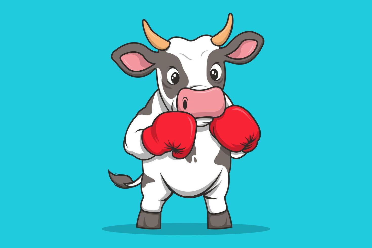 Cow Mascot Illustration Standing with Two Boxing Gloves. Flat Cartoon Style Suitable for Landing Page, Banner, Sticker, Background vector