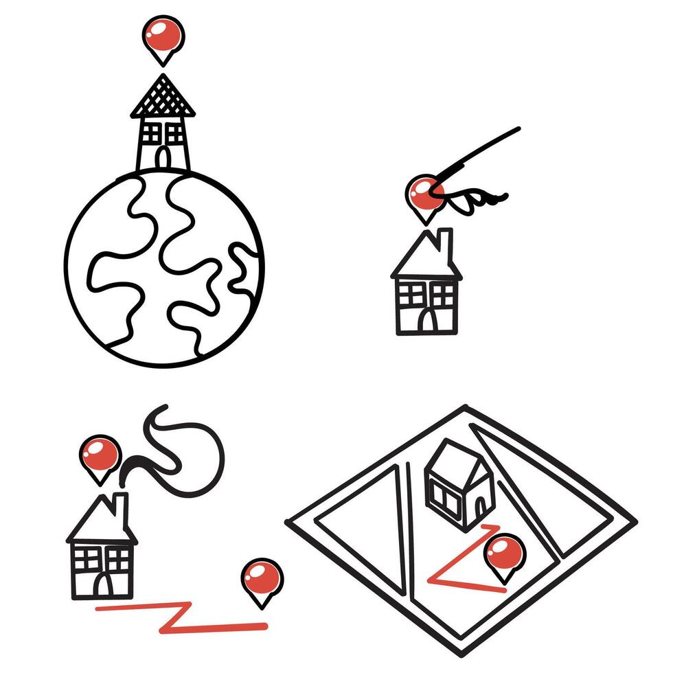 doodle house map gps location illustration icon in handdrawn style vector