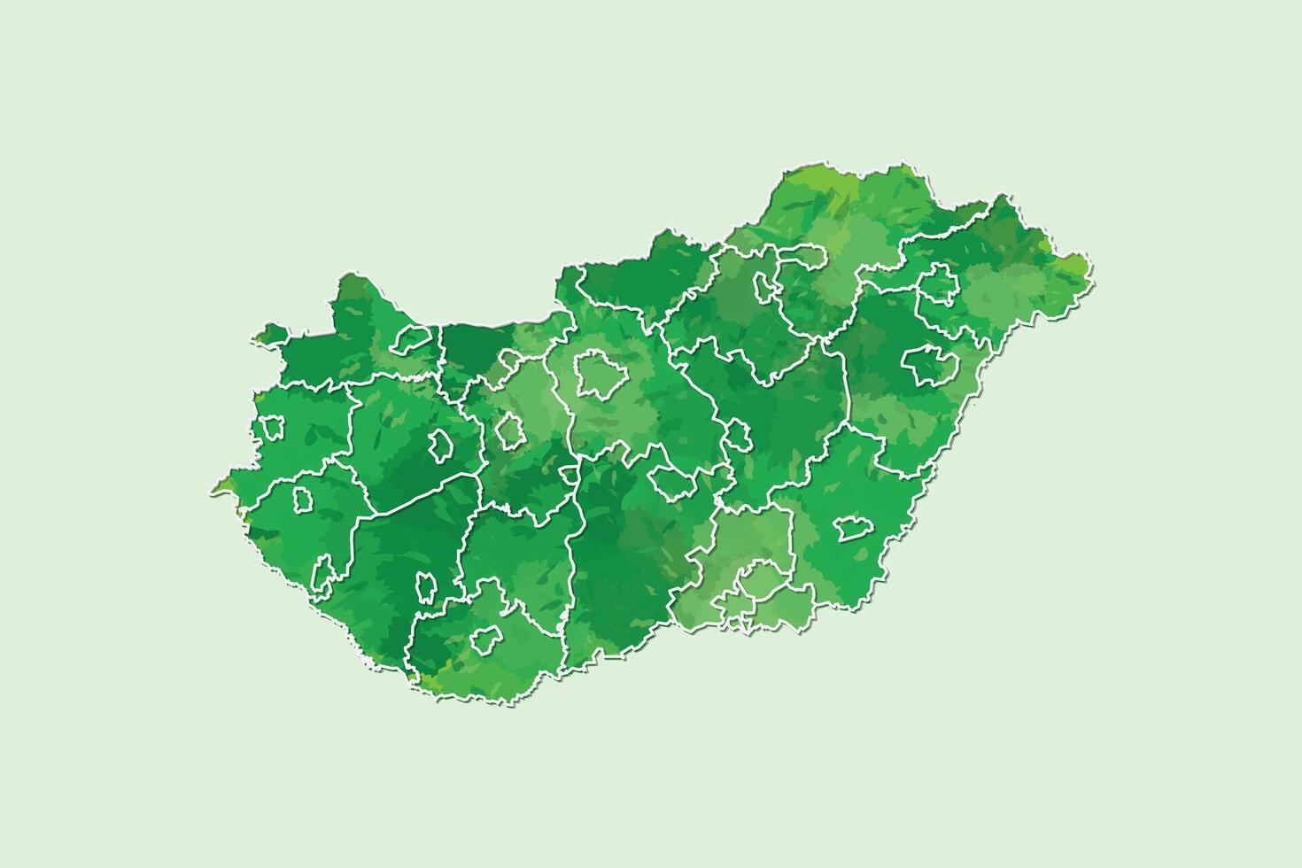 Hungary watercolor map illustration of green color with border lines of different divisions or counties vector