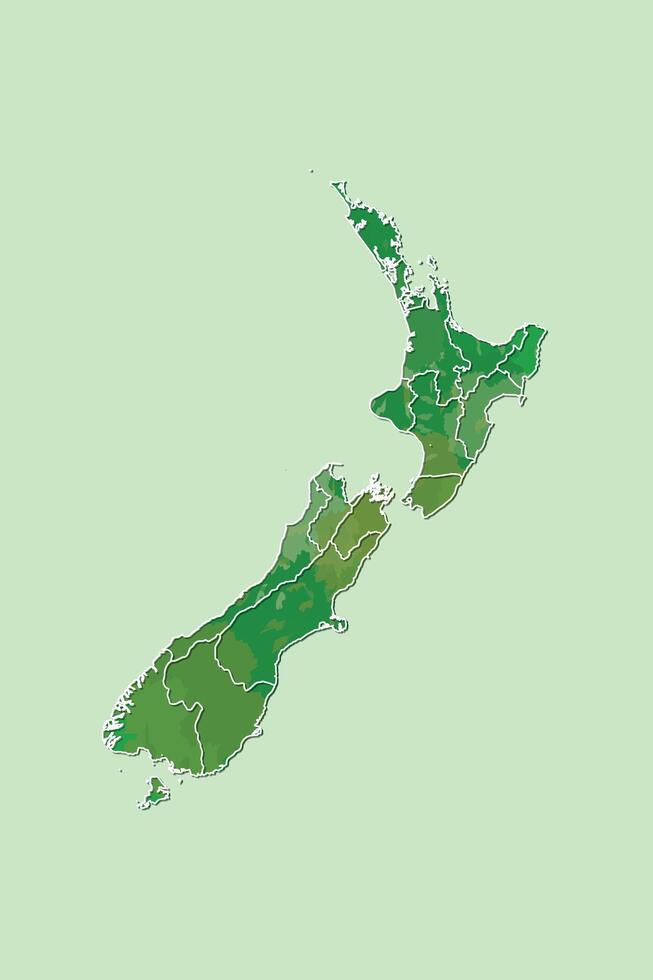New Zealand watercolor map of green color with border lines of different regions on light background using paint brush vector