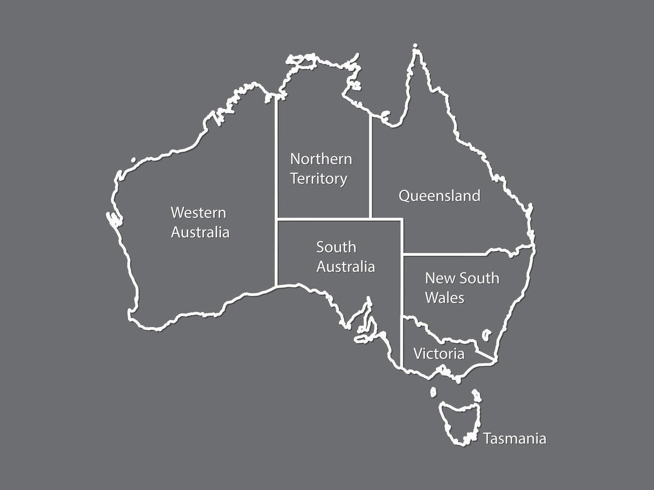Australia map outline with state names on black background illustration vector