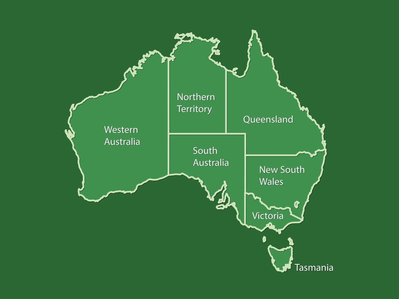 Australia map land area with state names on green background illustration vector