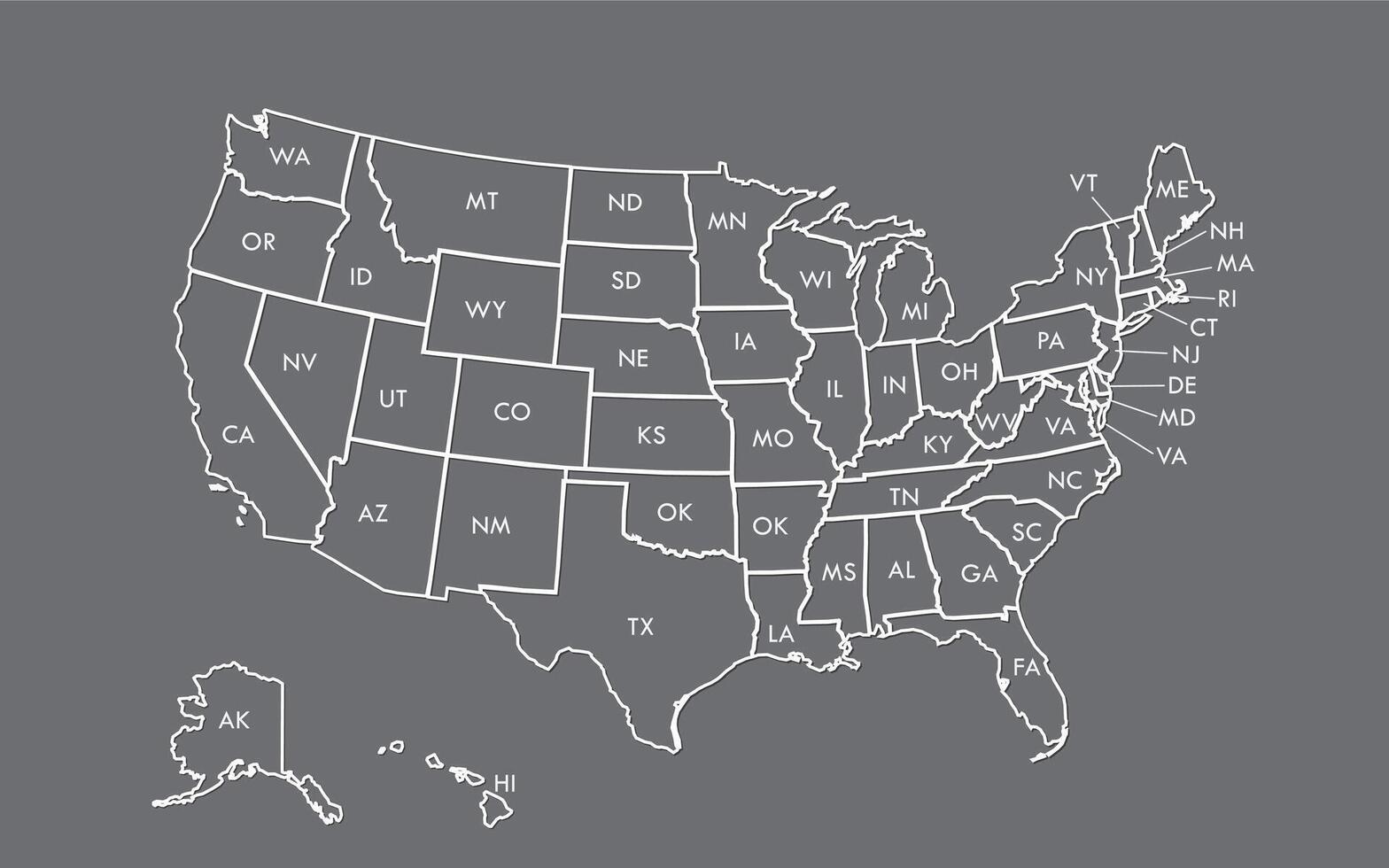 USA map outline with state names on black background illustration vector