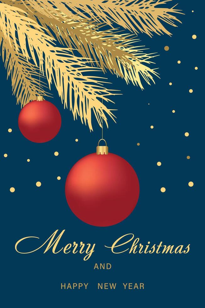 Merry Christmas and Happy New Year greeting card with golden fir branches and red balls. vector