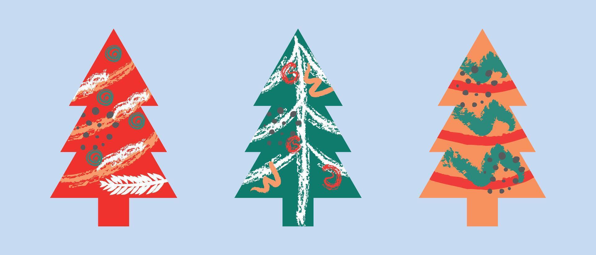 Set of New Year or Christmas trees isolated on white background. Colorful bright Christmas trees in creative style. vector