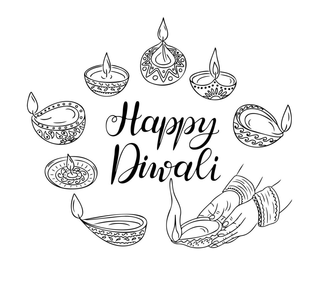 Diwali lamps in hands in doodle style with calligraphic text Happy Diwali vector