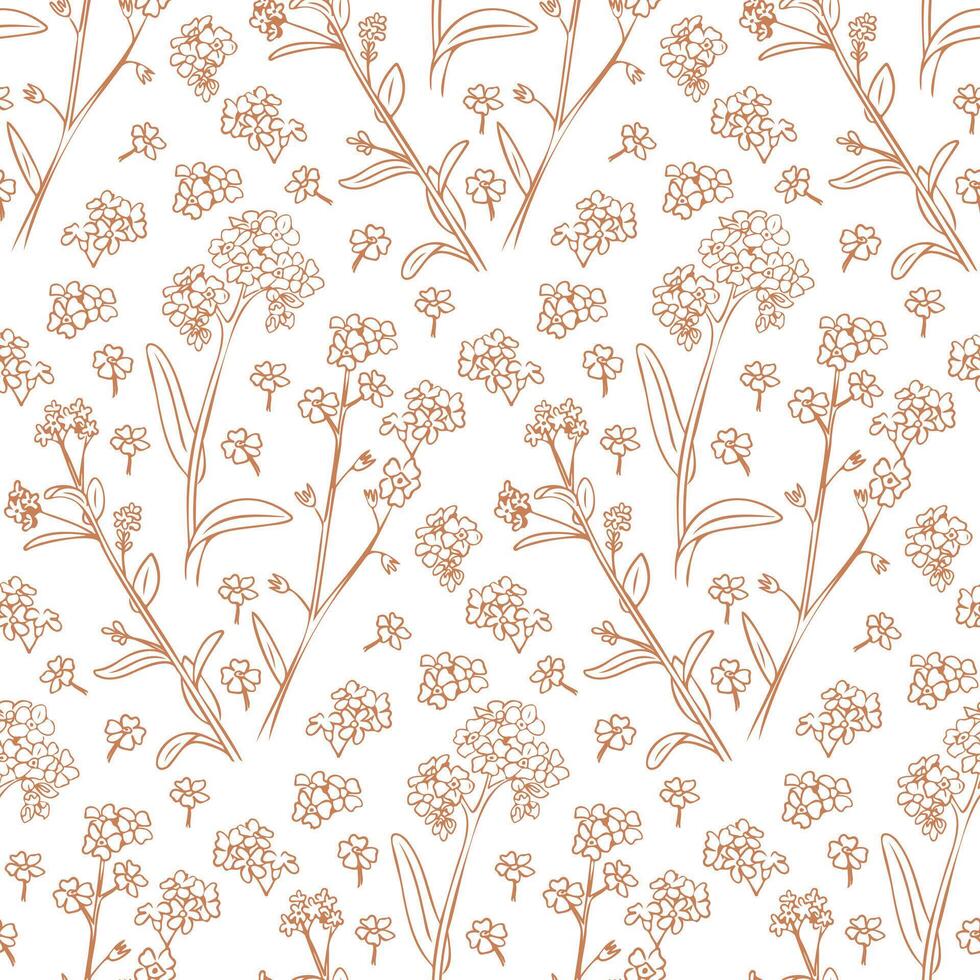 Floral contrast seamless pattern with doodle forget me not flowers and branches. Summer hand drawn contrast illustration isolated on white background. Best for wrapping, textile, paper, wallpaper vector