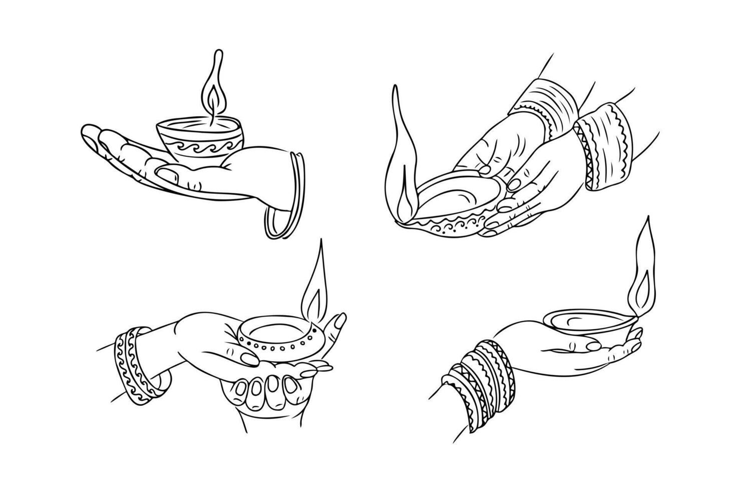 Diwali lamps in hands doodle set. Monochrome contour sticker with burning holiday diyas isolated on white background. Sketchy drawing related to Indian holiday vector