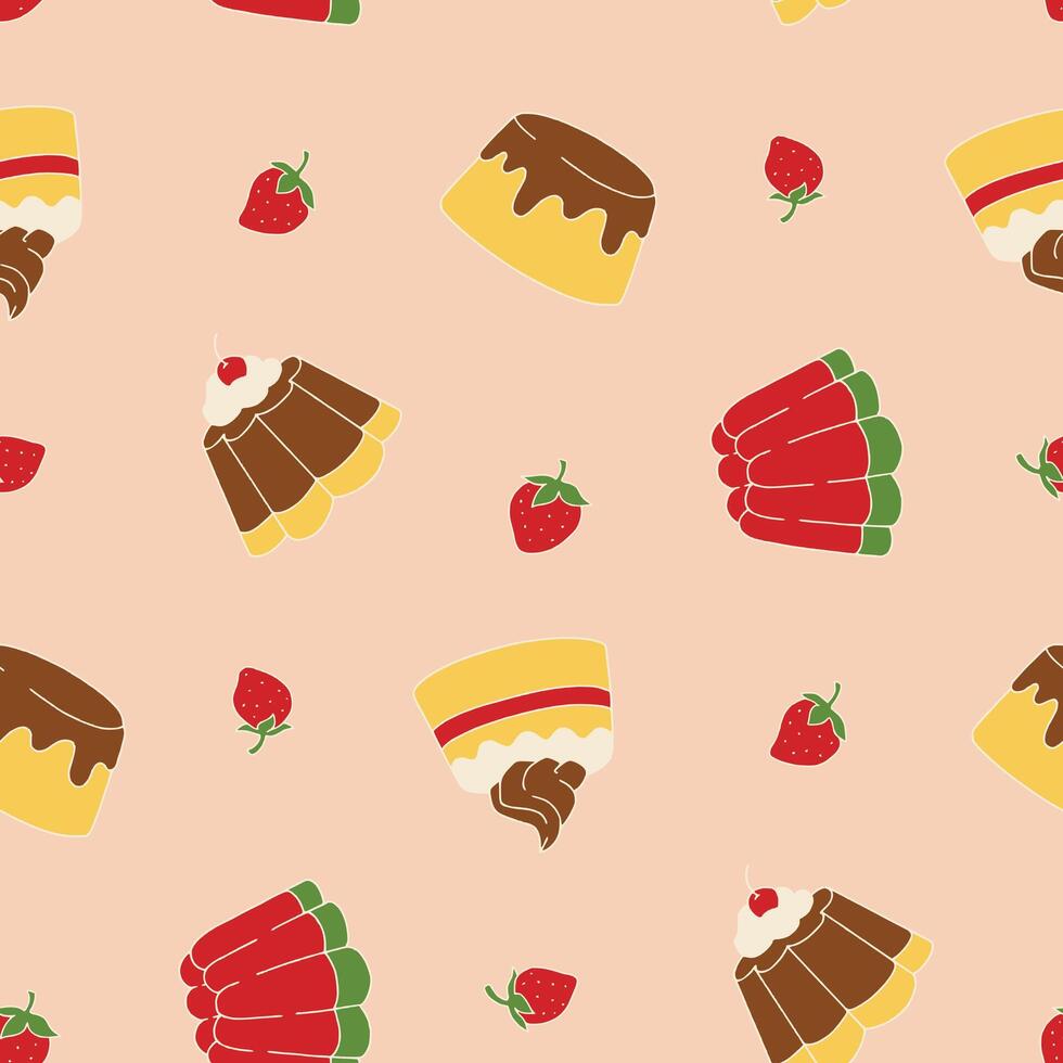 Pudding Strawberry dessert Seamless Pattern illustration for Print, Wallpaper, Decoration. vector