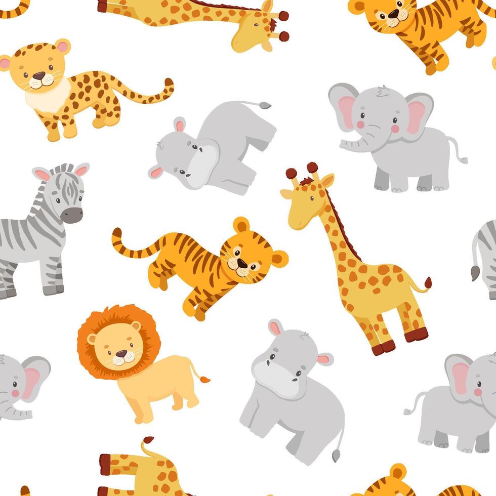 Cute tiger, lion, giraffe and elephant in cartoon style. seamless pattern for kids vector