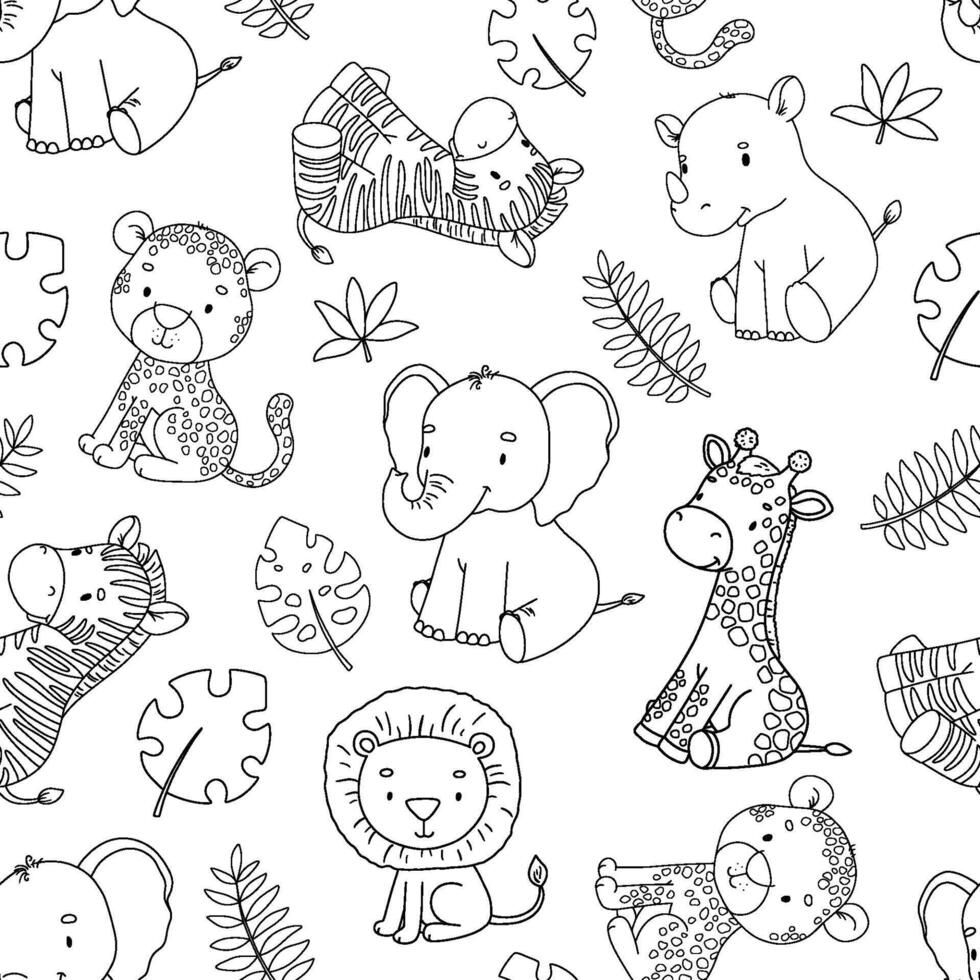 Seamless pattern with cute sitting cheetah, lion and elephant. Outline illustrations for kids. Safari animals vector