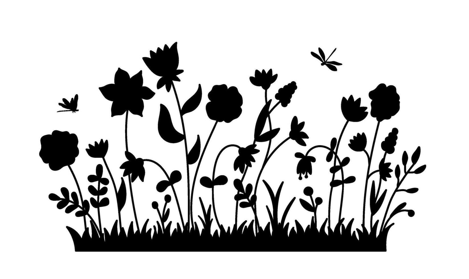 Silhouette wildflowers grass and dragonfly. Black hand drawn illustration with spring or summer flowers. Shadow of herb and plant. Nature field isolated on white background vector