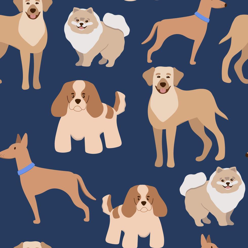 seamless pattern with cute dog different breeds isolated on dark blue background vector