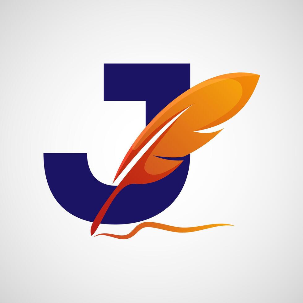 English alphabet J with feather logo design template. Logo for a writer or publishers. vector