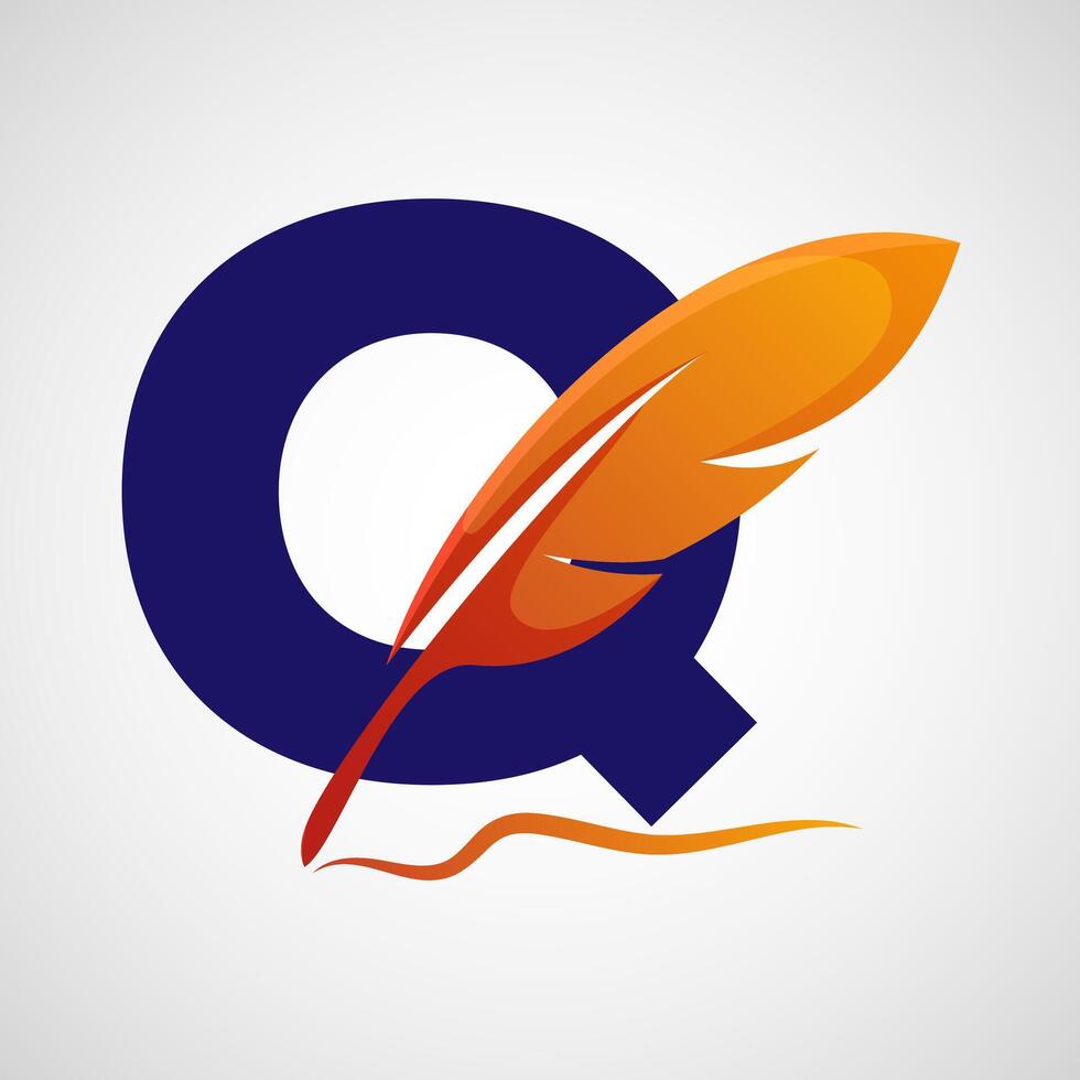 English alphabet Q with feather logo design template. Logo for a writer or publishers. vector