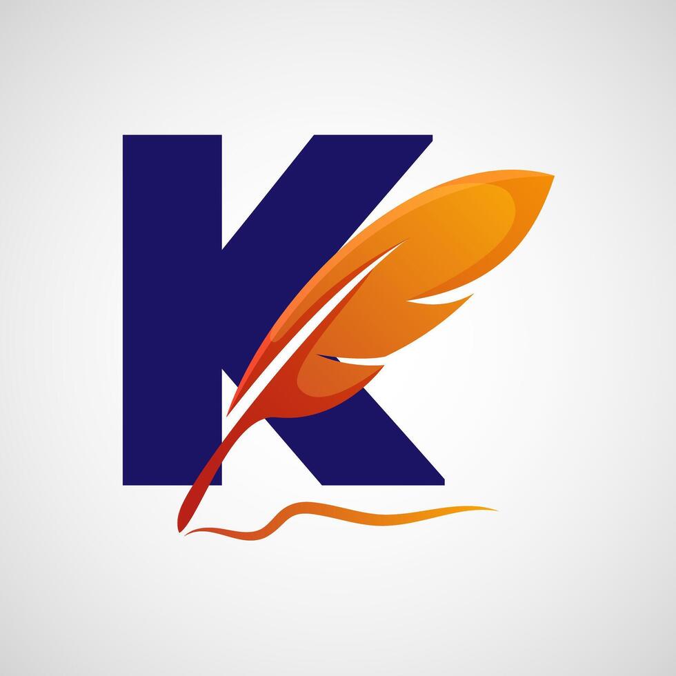 English alphabet K with feather logo design template. Logo for a writer or publishers. vector