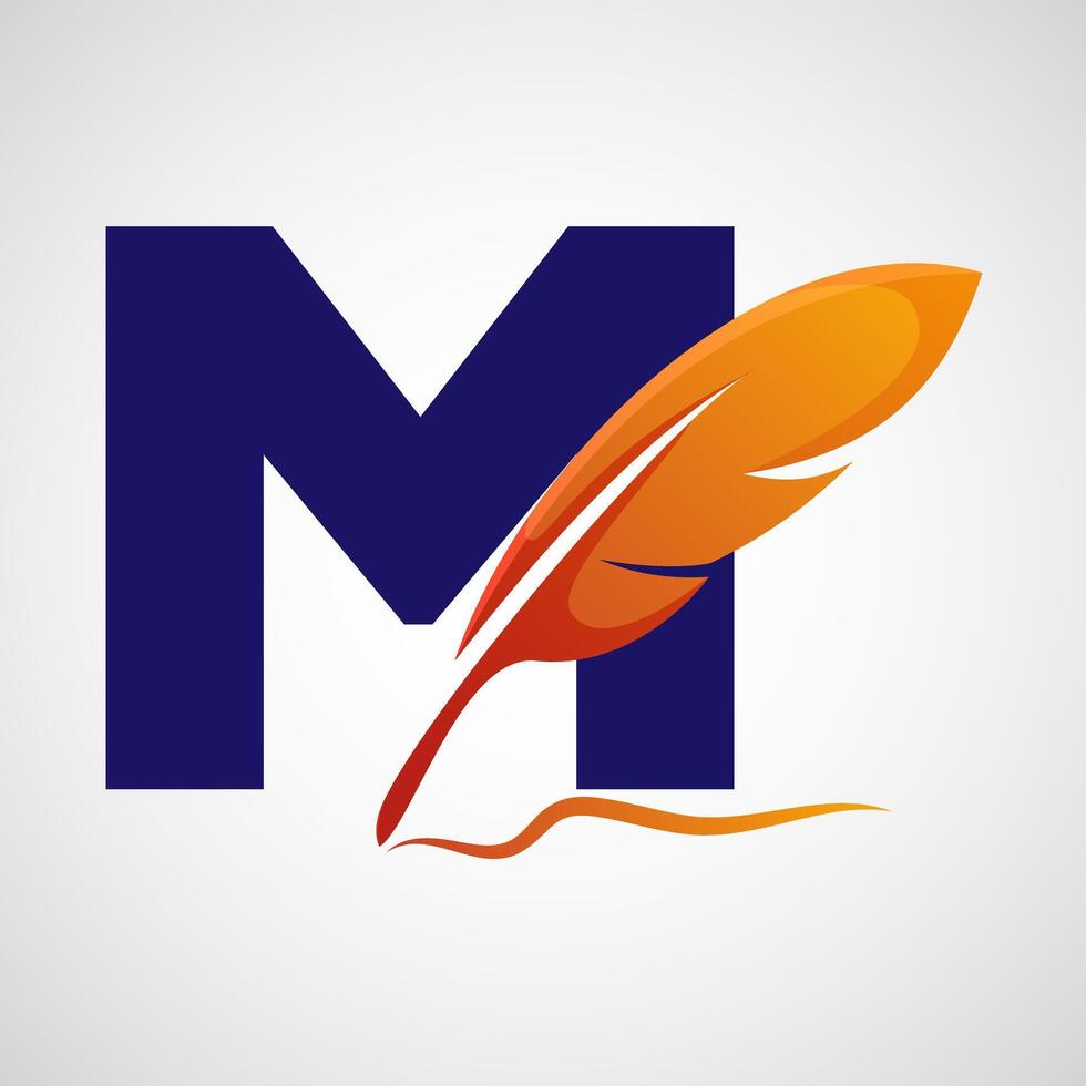 English alphabet M with feather logo design template. Logo for a writer or publishers. vector
