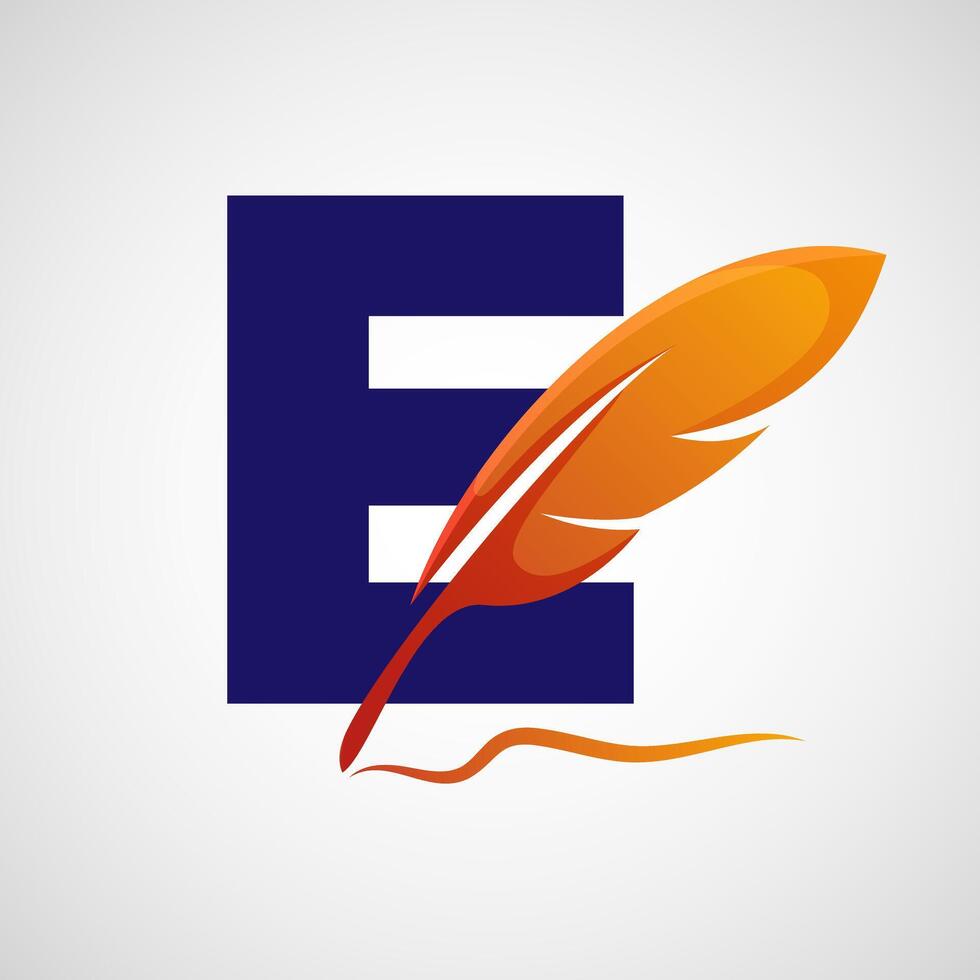 English alphabet E with feather logo design template. Logo for a writer or publishers. vector
