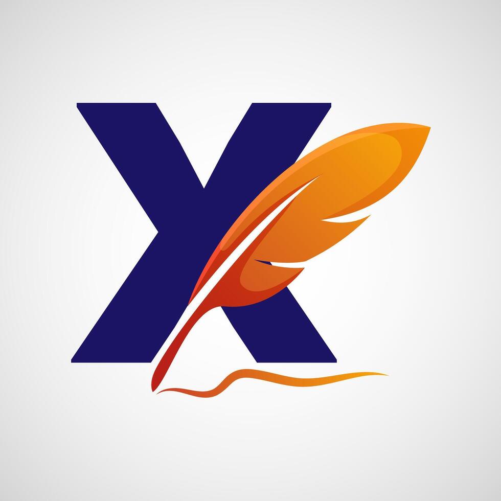 English alphabet X with feather logo design template. Logo for a writer or publishers. vector