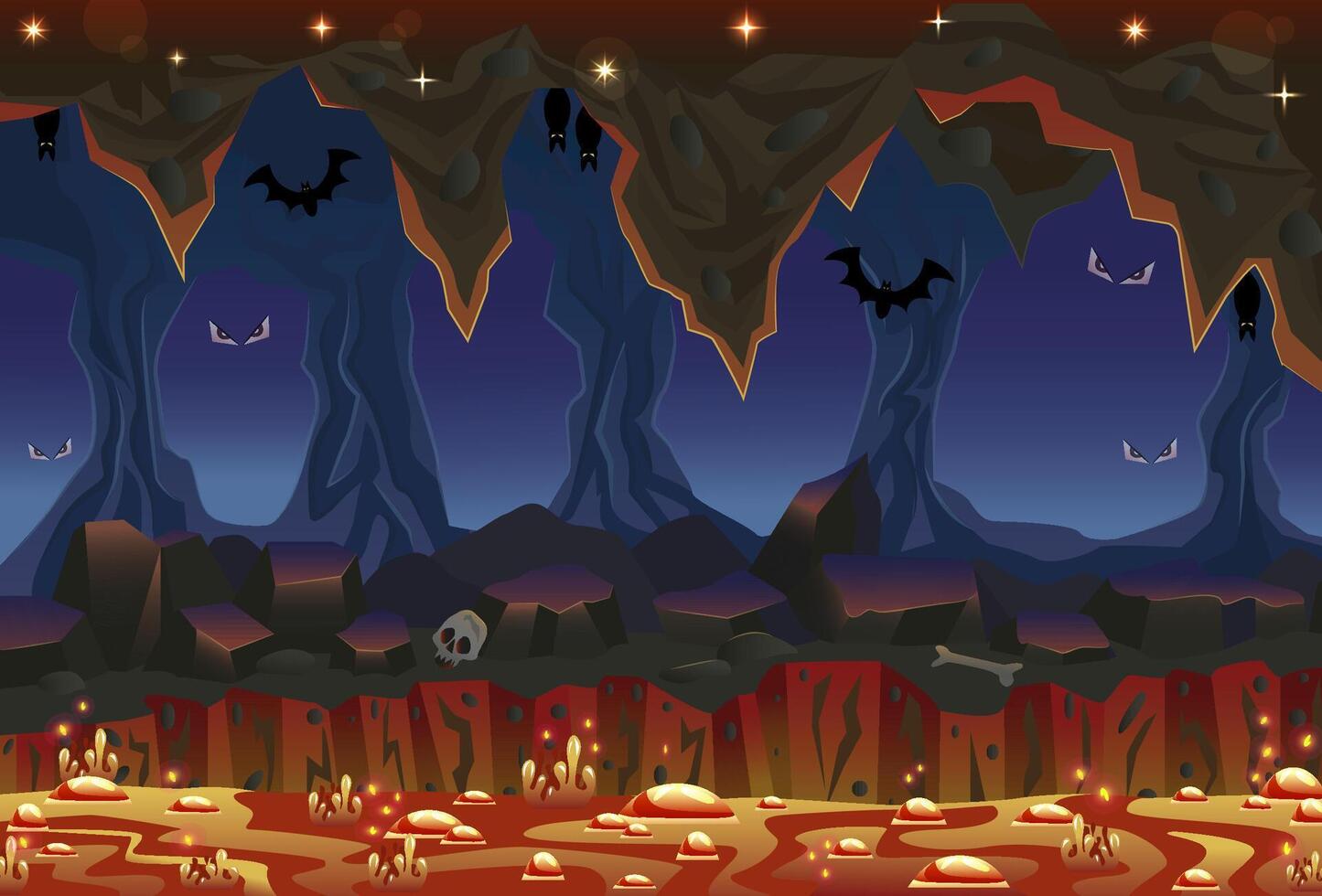 Magic cave or cavern landscape with bats, lava and rocks in mountain, fantasy game background, adventure and Halloween concept, cartoon illustration vector