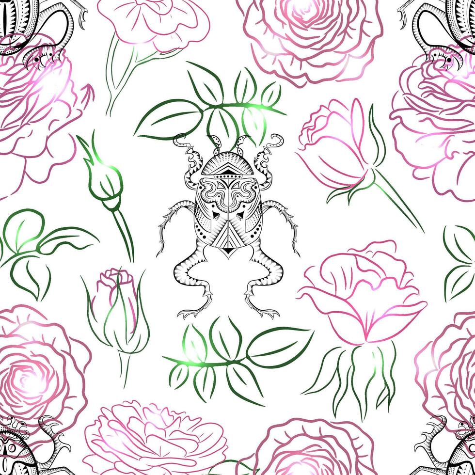 Seamless pattern with line art illustrations of styled roses and bugs on white. Summer seasonal concept with flowers for decorations, invitations, greeting cards, weddings. vector
