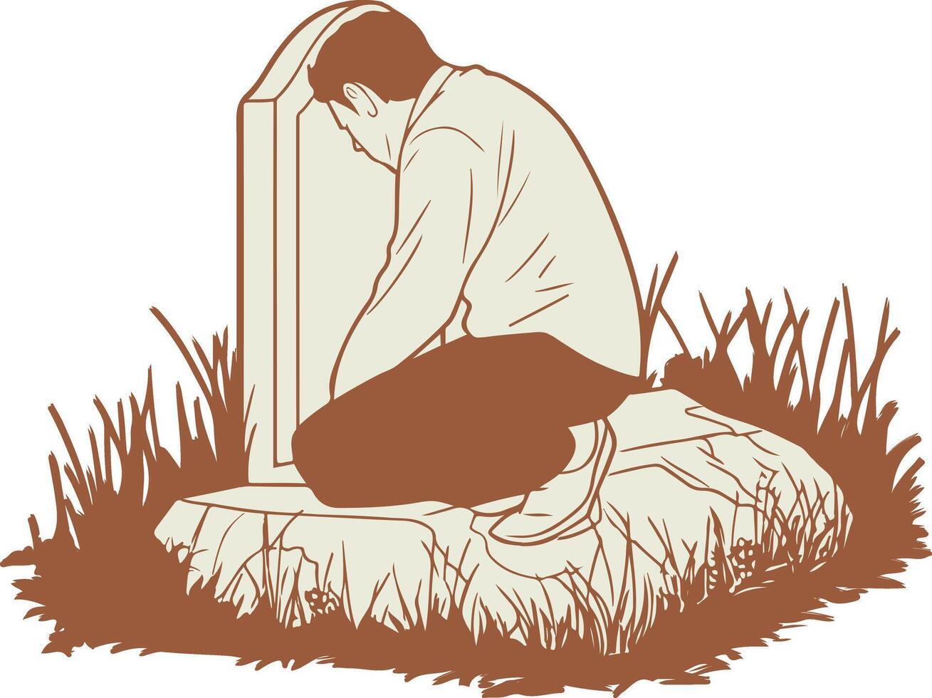 man kneeling in front of the grave vector