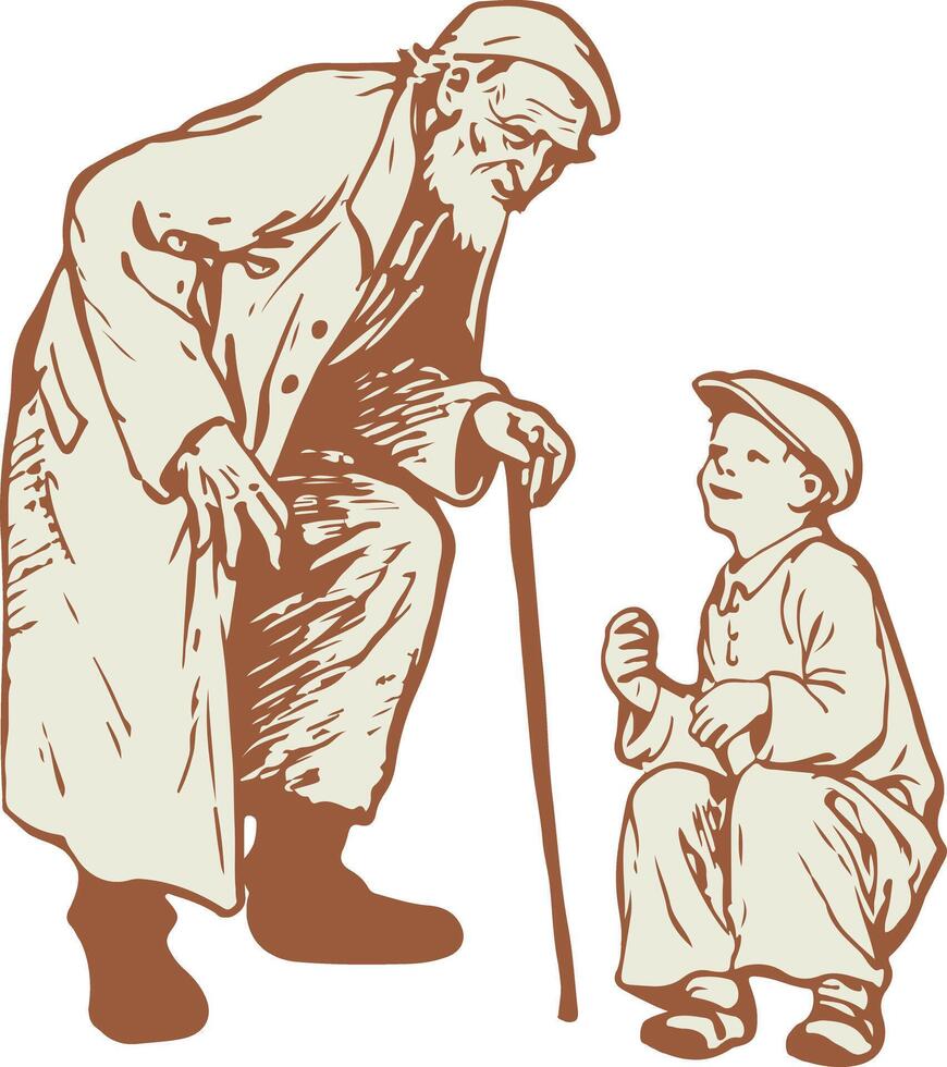 The eldest son knelt in front of his grandfather vector