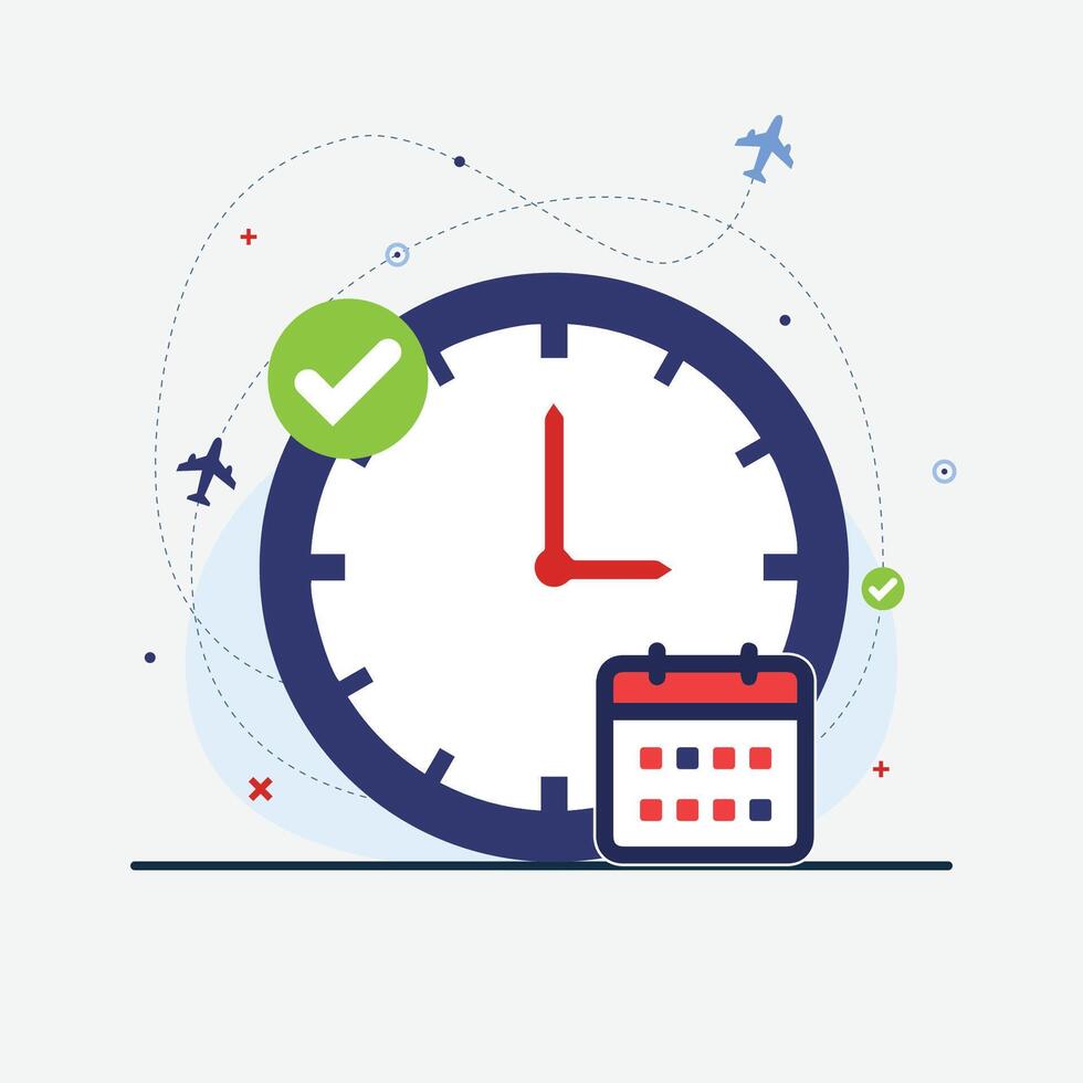 Online flight schedule on flat design. Business graphic design task scheduling with check mark icon vector