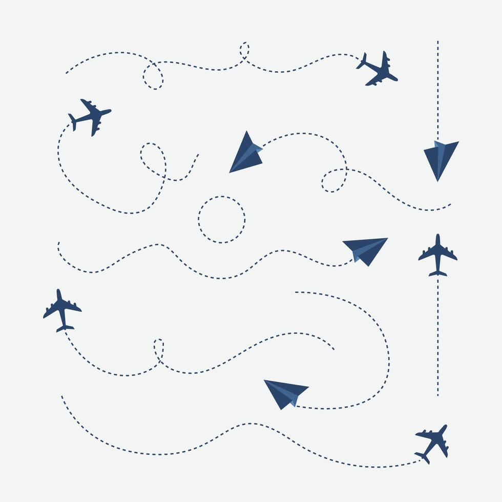 Airplane and hand drawn paper routes. Travel icon and dotted line tracing collection. vector