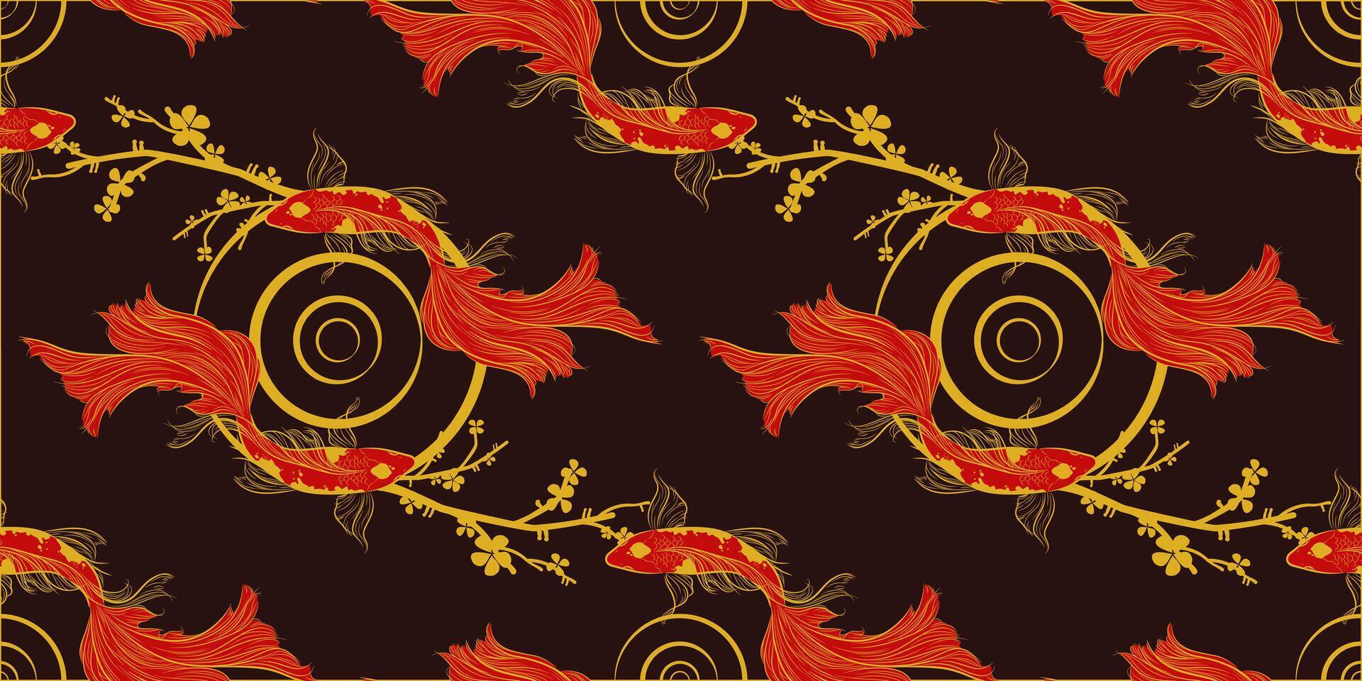 banner with traditional Chinese elements and ornament. Koi carp in gold color black red background with peony flowers. Chinese background.fish koi japanese chinese design sketch ink paint style vector