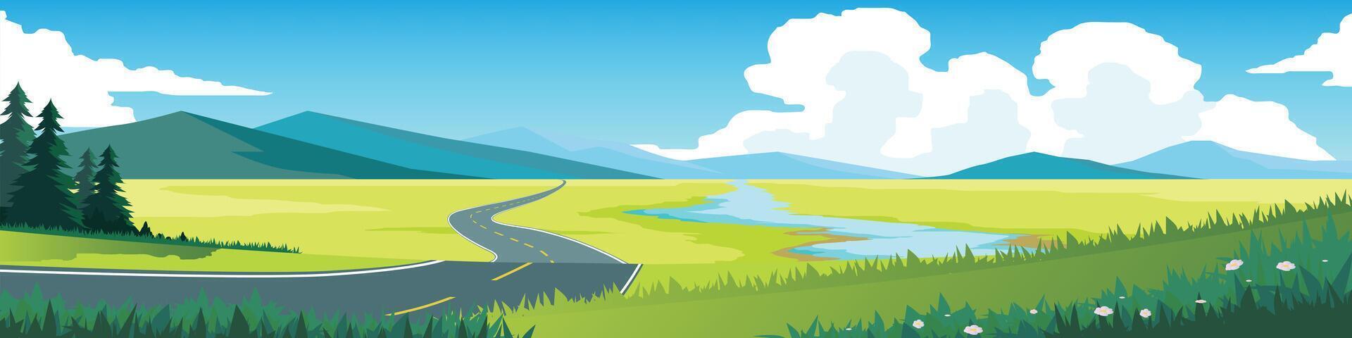 Curved road on the grassland. Asphalt road leading to the destination ahead. Green grass field with river flowing through it. or illustration. Transportation and nature background for banner. vector