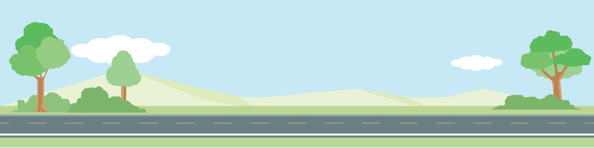 Horizontal or landscape of smooth asphalt road. On the wide grassland. There were grasses and trees growing on both sides. Softw color of mountain and blue sky with white clouds. vector