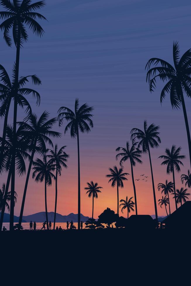 Silhouetted coconut palm trees at the beach with twilight sky vertical background graphic illustration have blank space. vector