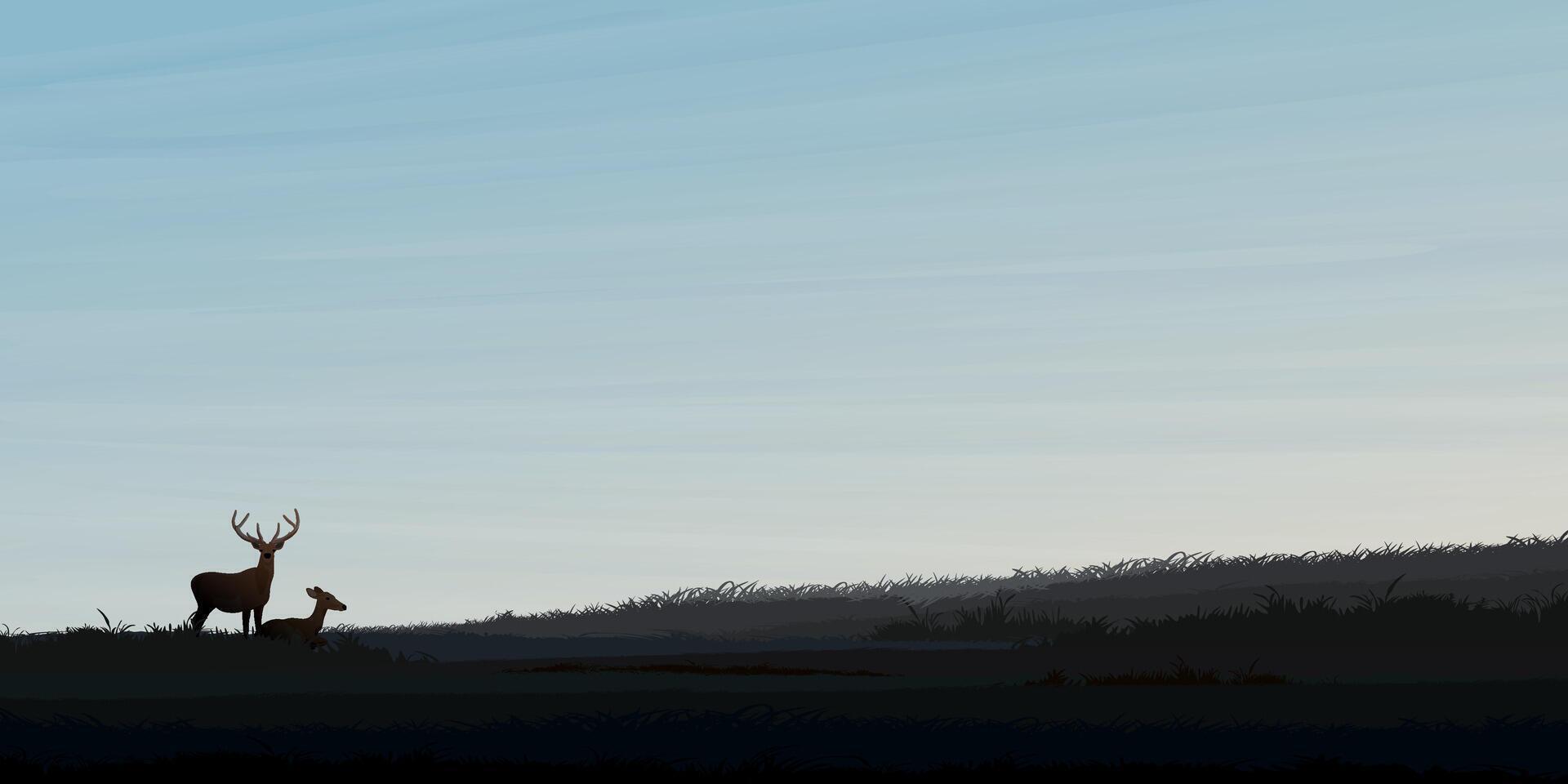 Minimalist hill landscape in the morning with silhouetted deers graphic illustration have blank space. vector