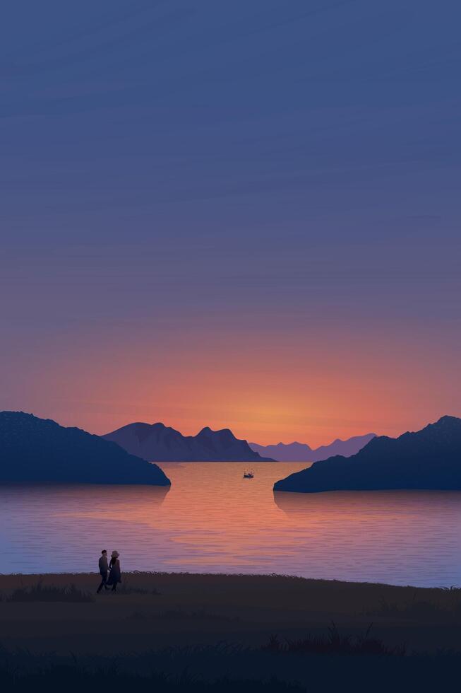 Seascape with silhouetted of lover at cliff, mountains, island and fishing boat have twilight sky vertical background graphic illustration have blank space. vector