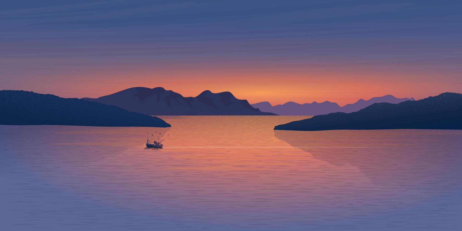 Minimalist seascape with silhouette mountains, island and fishing boat followed by seagulls have twilight sky background graphic illustration have blank space. vector