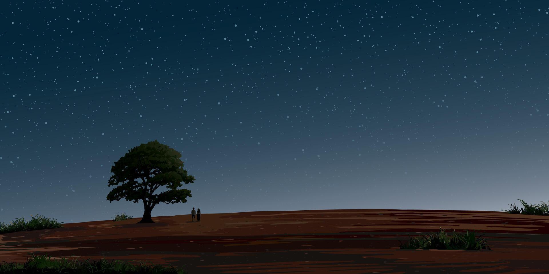 Night at minimalist hill landscape and big tree with silhouetted couple of lover have night sky with a lot of stars background graphic illustration. vector