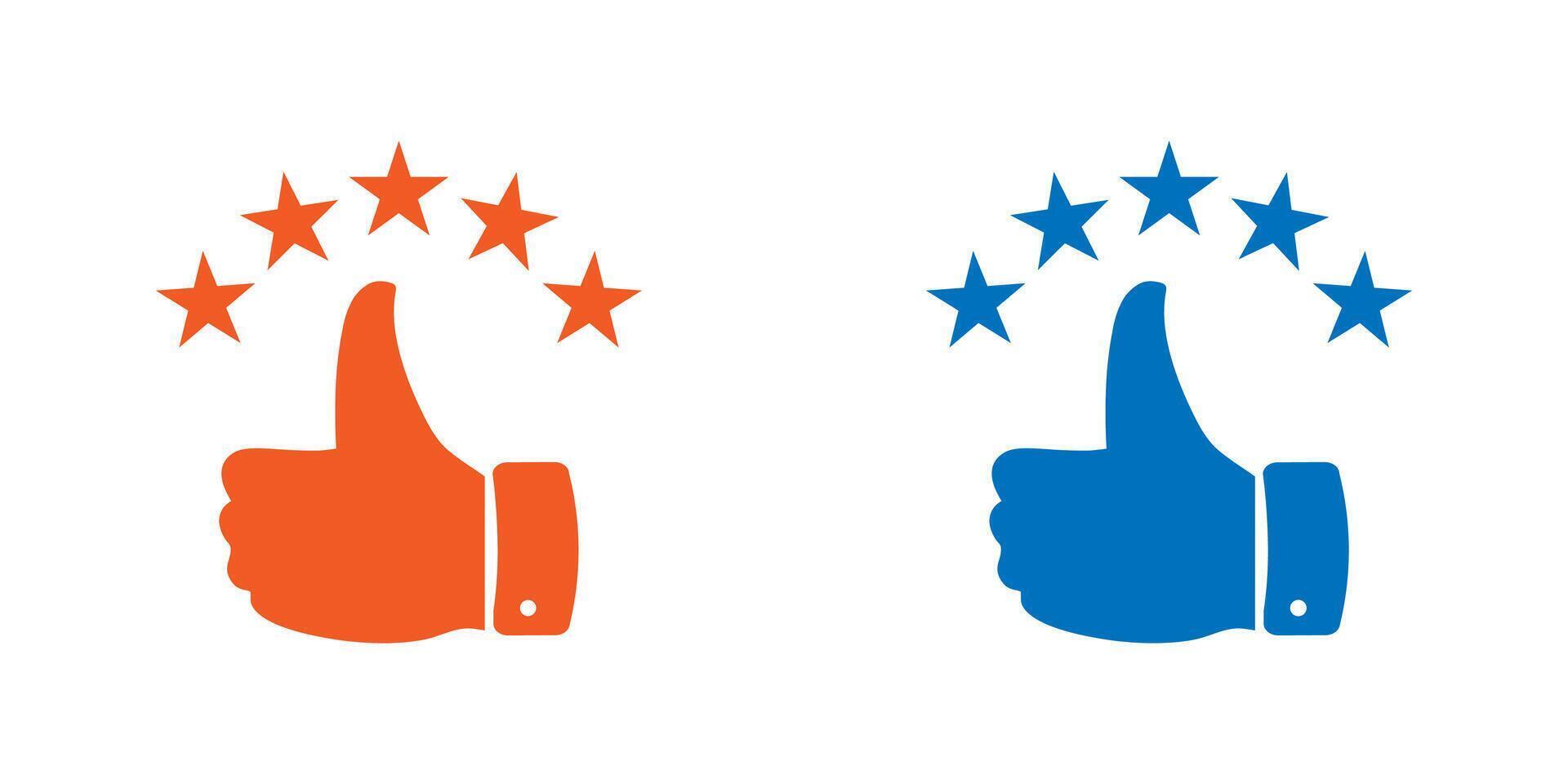 Customer review rating with 5 stars and thumb up feedback. Five star rating badge, review rating icon. vector