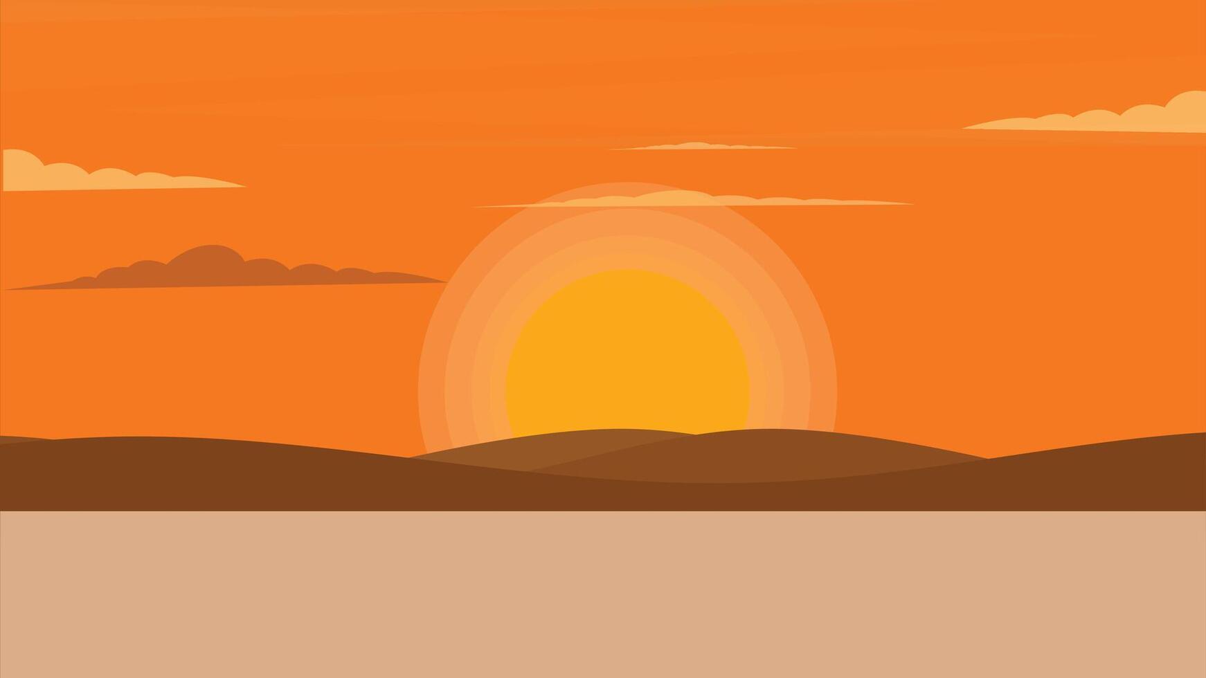 Sunset ocean view with mountains and sky flat illustration vector