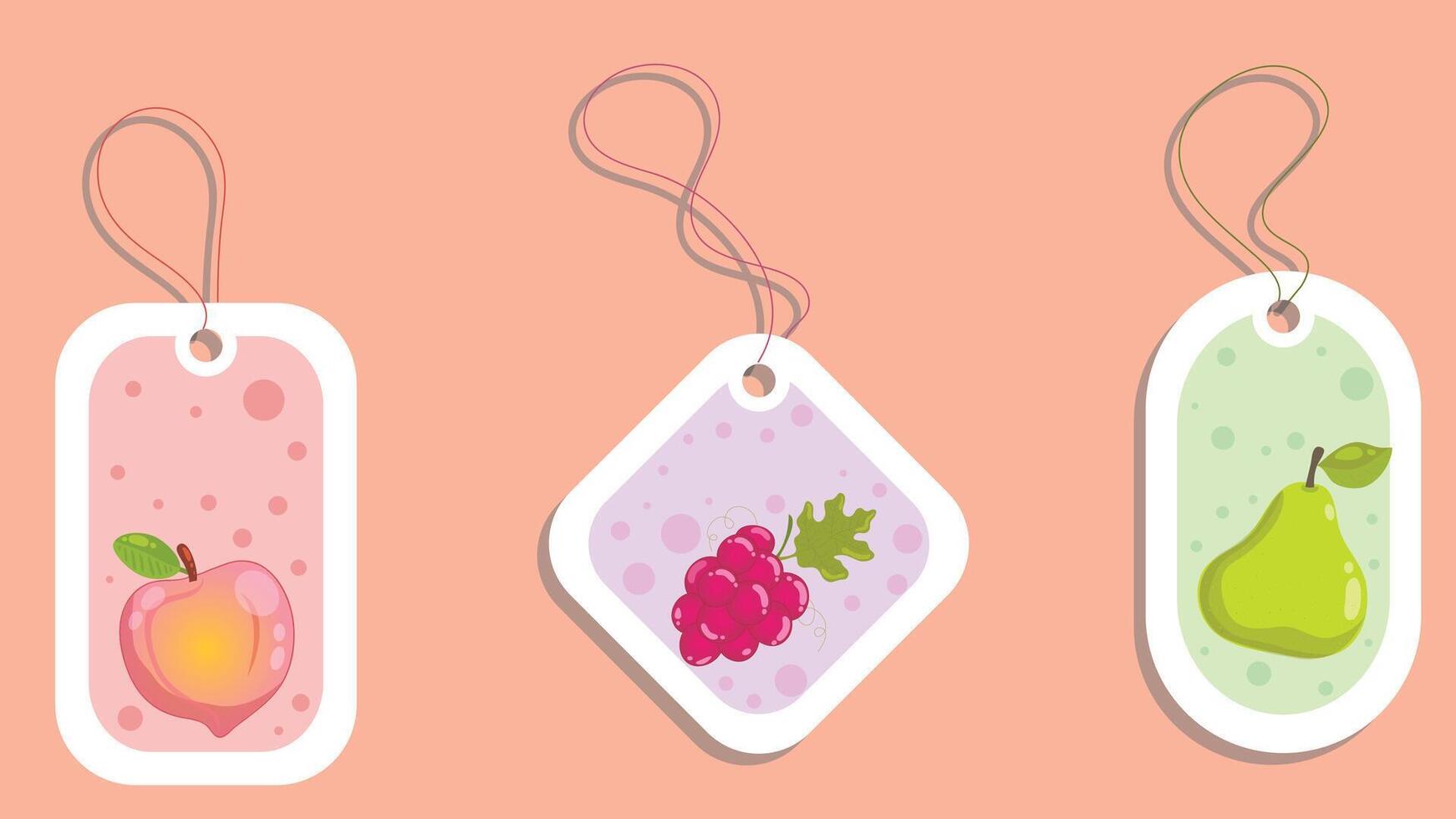 Fruit colored stickers with different shapes with hangers mockup design vector