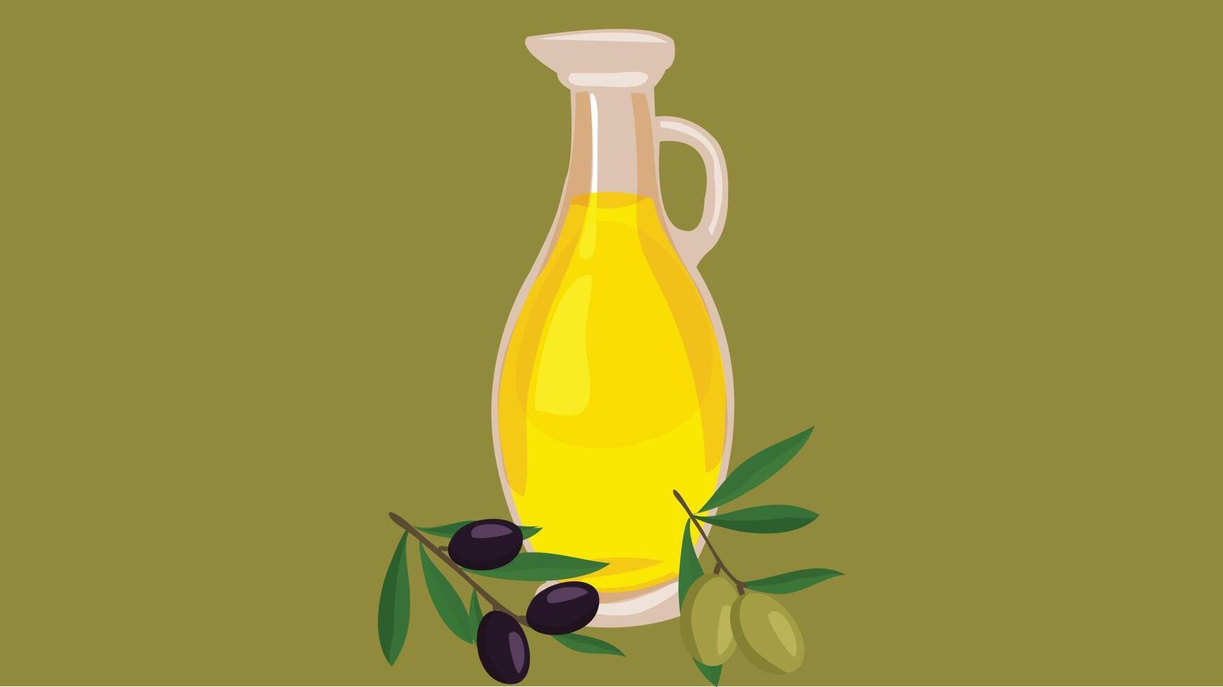 Olive oil bottle with olives leaves and seeds on side illustration vector
