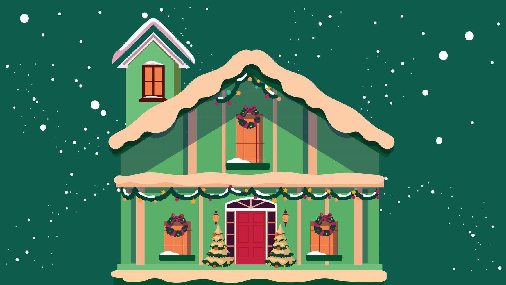 Snowy Christmas house in new year's eve with snowflakes illustration vector
