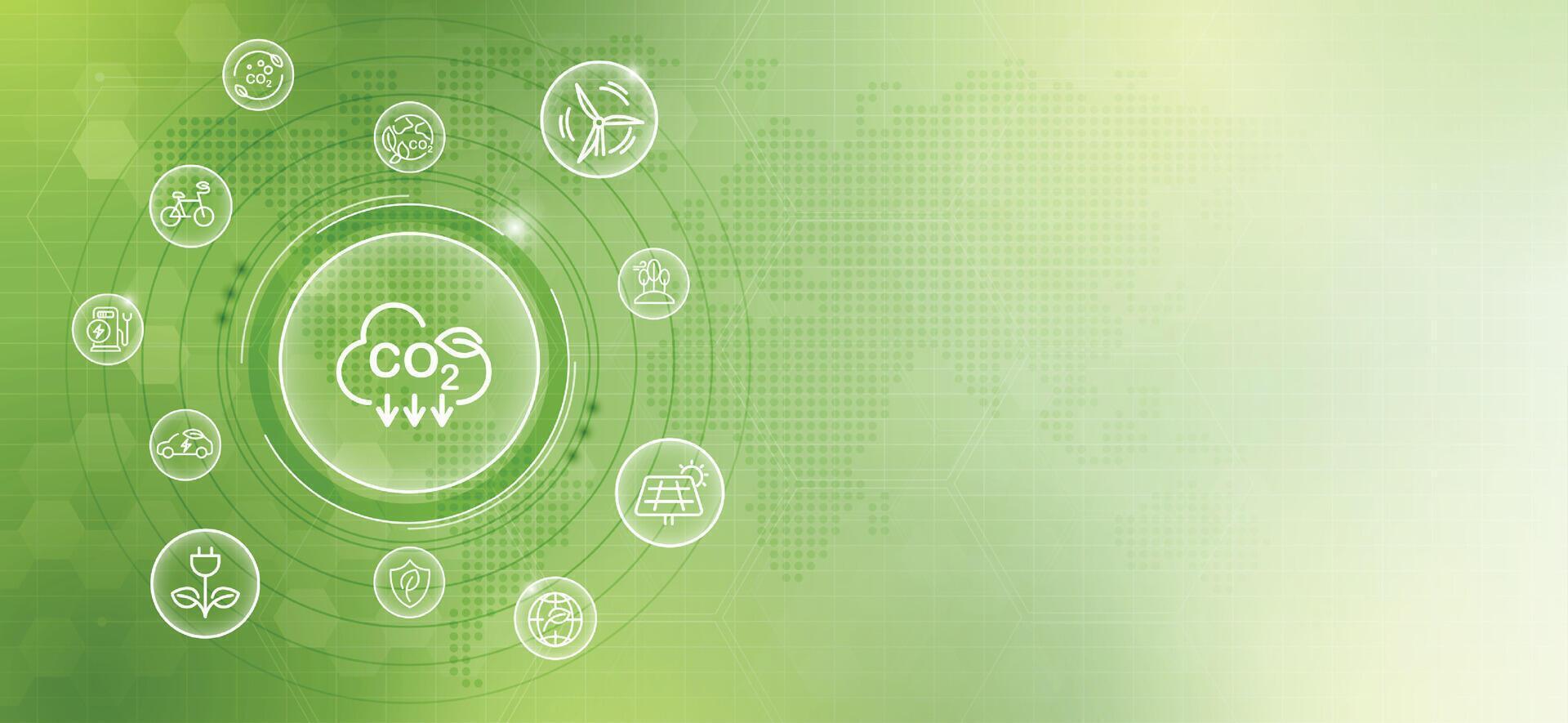 CO2 or carbon concept with icons on green background. co2 emission using clean energy and limit global warming. renewable energy, planting tree. design. vector