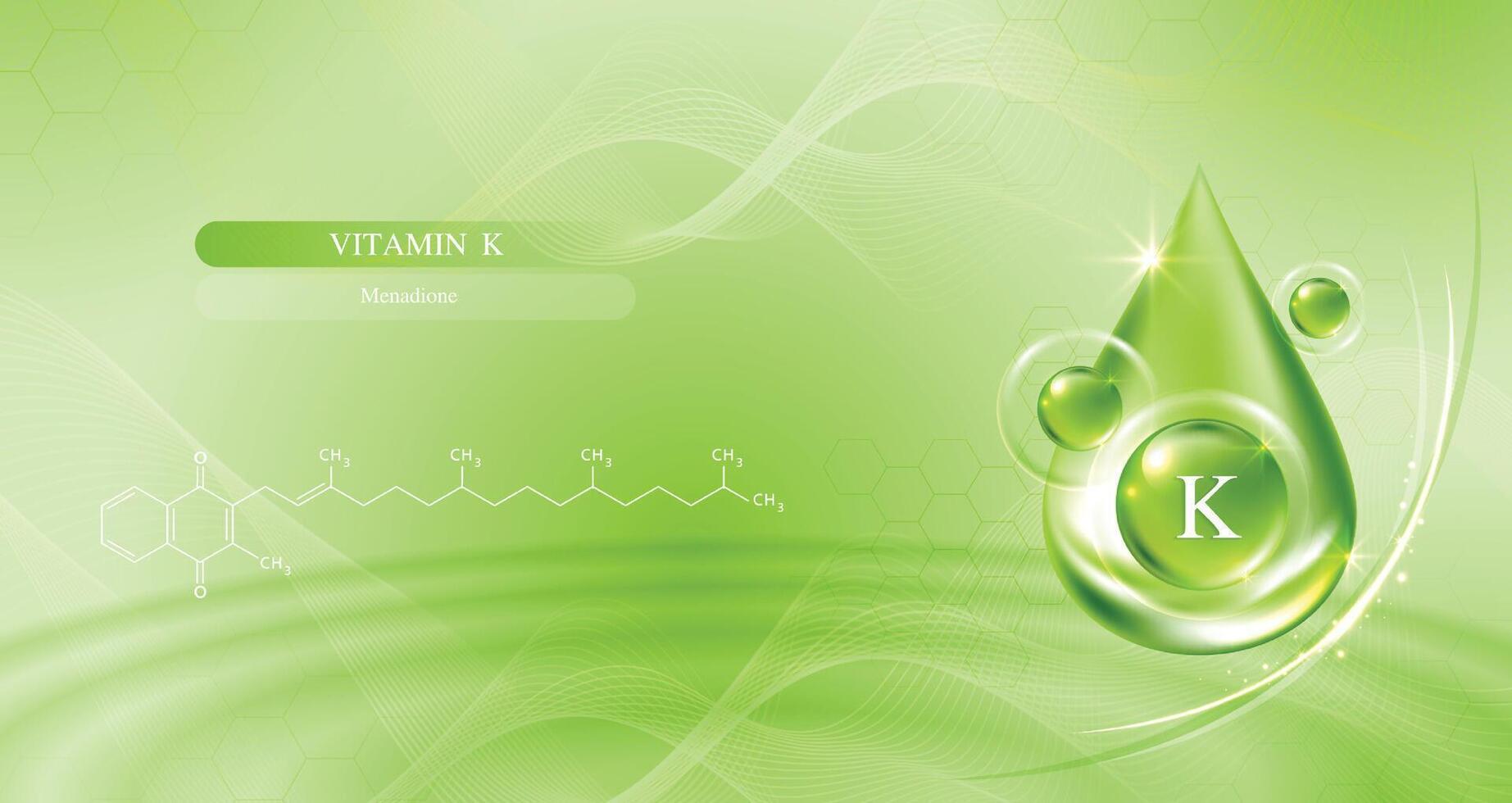 Vitamin K on a green background. skin care with water droplets is absorbed into the skin and cells. use ads, lotions, serums, creams. medical and scientific concepts. . vector