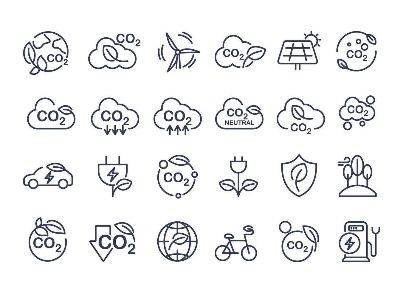 Co2, carbon line icons. contains such icons as tree planting, net zero, and reduced carbon dioxide. sustainable development. concepts and renewable energy businesses. design. vector