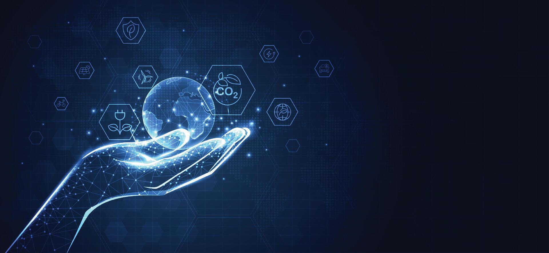 Reduce CO2 or carbon concept with icons and hand. CO2 emission using clean energy and limit global warming. renewable energy business background. design. vector