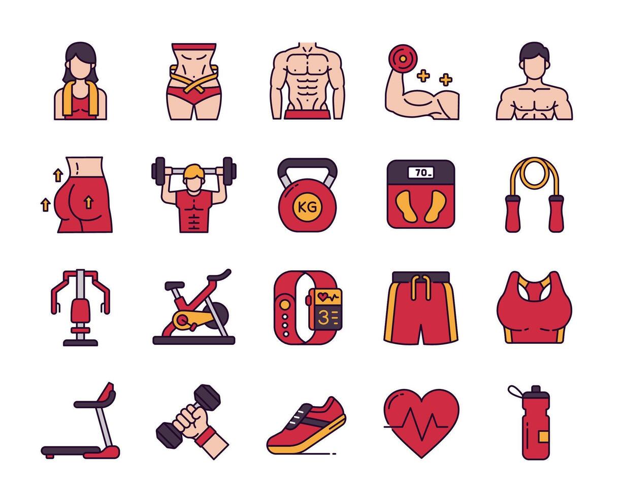 Gym and fitness icon set in line color style vector