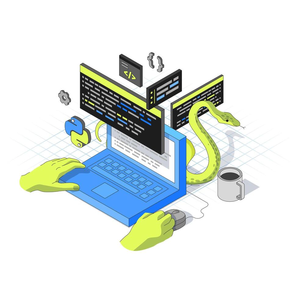 Concept of computer Programming with Human Hands in Isometric style. A Python Snake is peeking out from behind the monitor. Minimalistic Axonometric Interface. 3d illustration in different dimensions vector